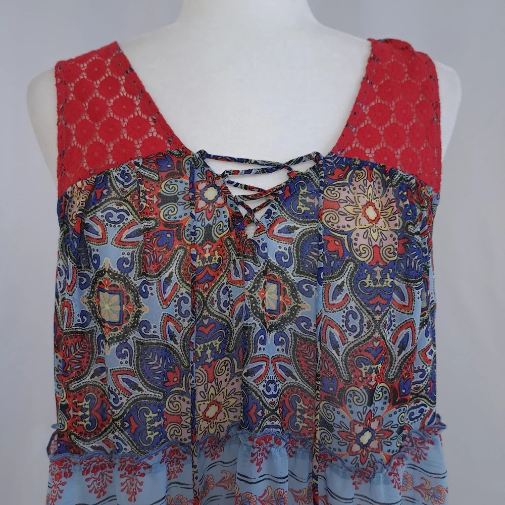 Fig and Flower Sheer Boho Tie-Front Mixed Print Sleeveless Top NWT
